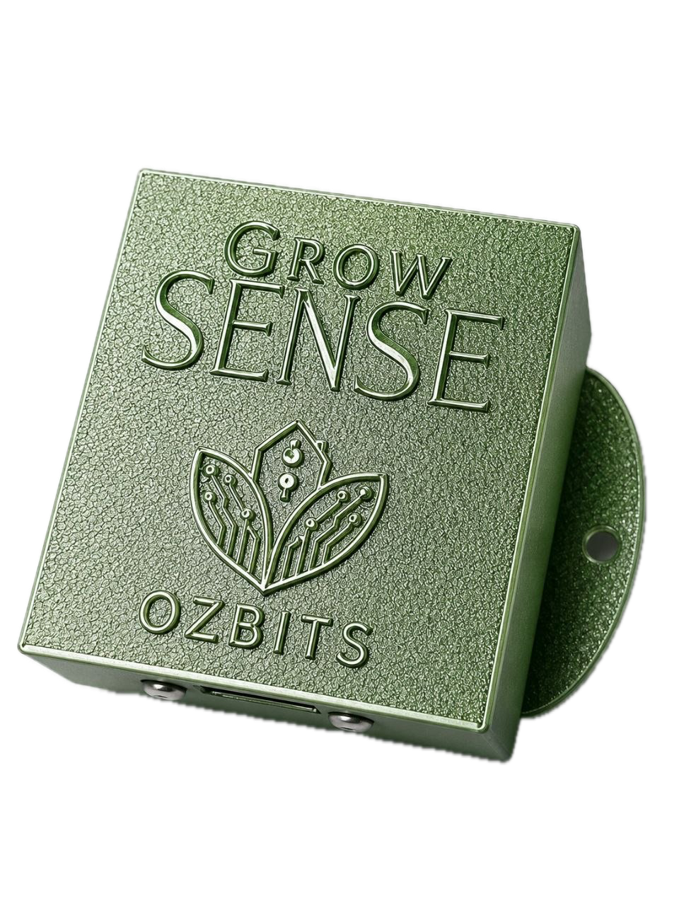 GrowSense hub unit — green textured enclosure with GrowSense and OzBits logo embossed