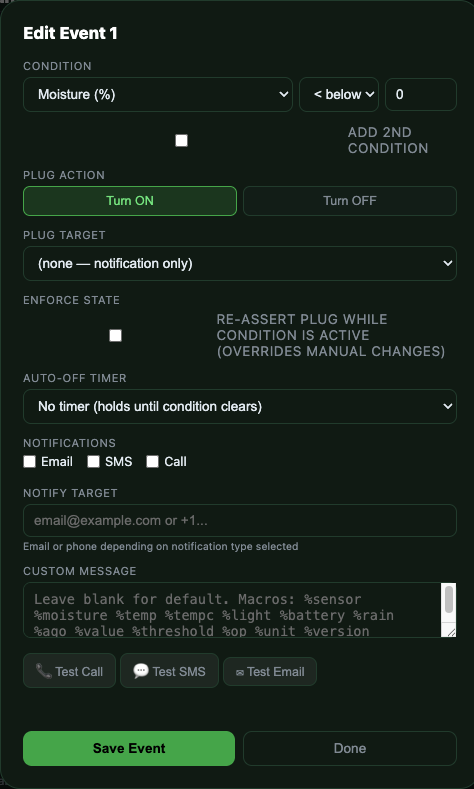 Event editor showing moisture condition, plug action and notification setup