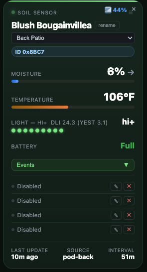 Soil sensor detail card showing moisture trend, DLI, temperature and events
